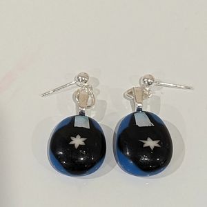 Artisan Handmade glass earrings with dichroic gold glass. Sterling